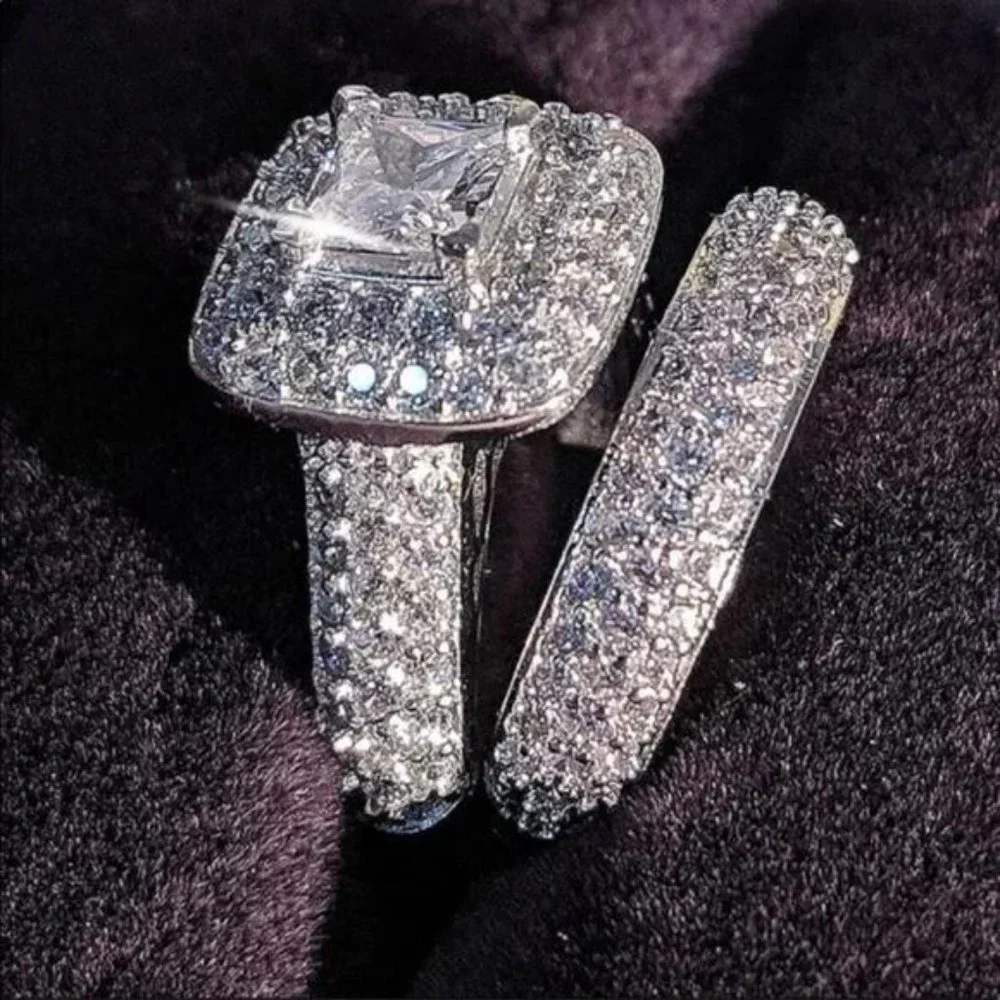 PRINCESS 925 STERLING SILVER DIAMOND HALO RING SET, CUTE RING, SHINY RING. - Picture 2 of 7